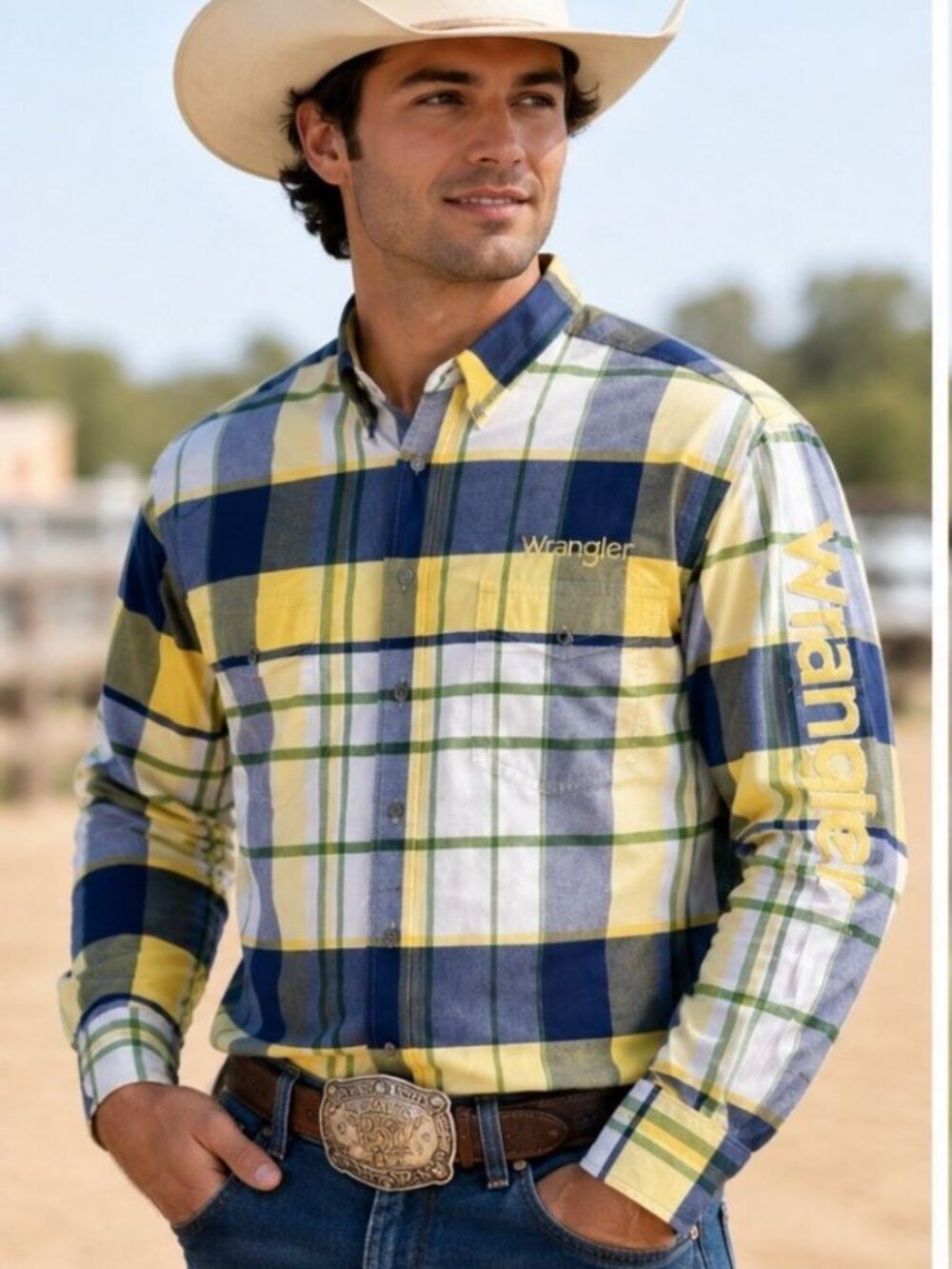 WRANGLER Western Shirt Mens LARGE Yellow Plaid Rancher Rodeo Button Up Spell Out